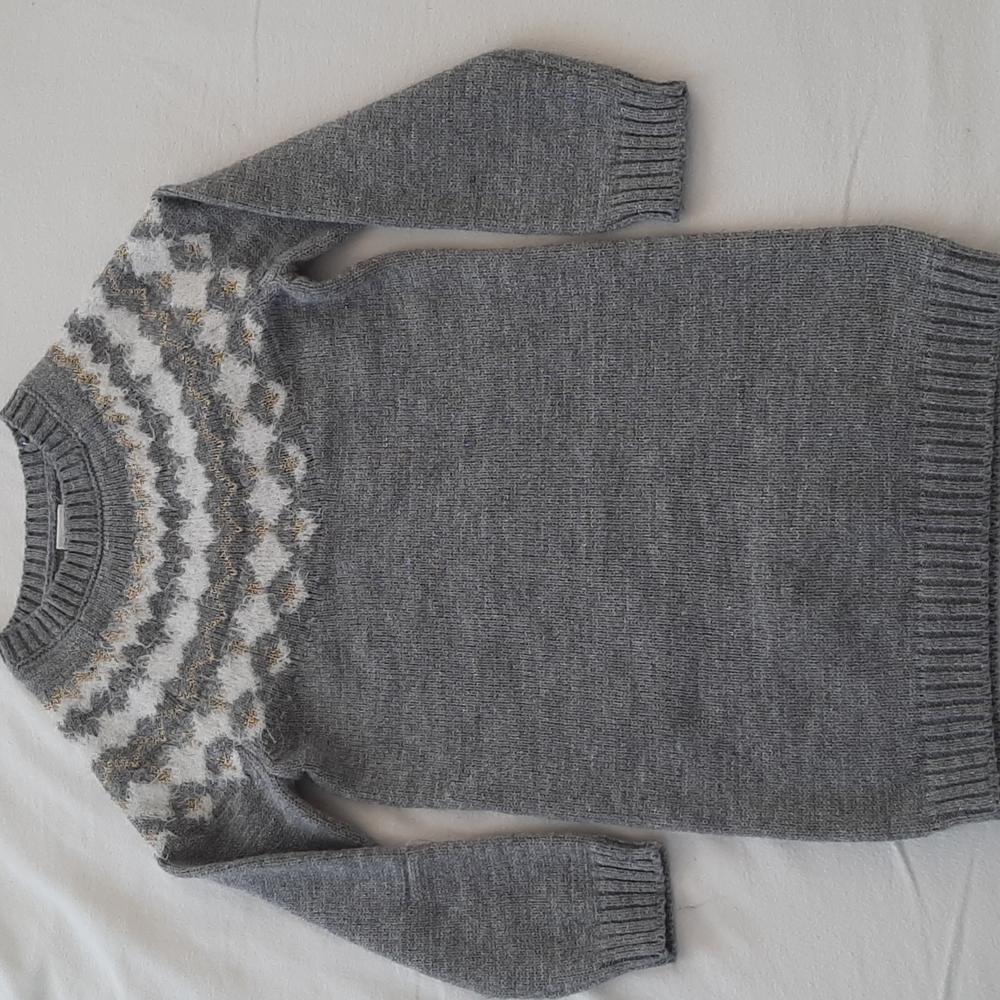 Girls size 4T Gray Sweater Dress with white, silver and gold embellishments